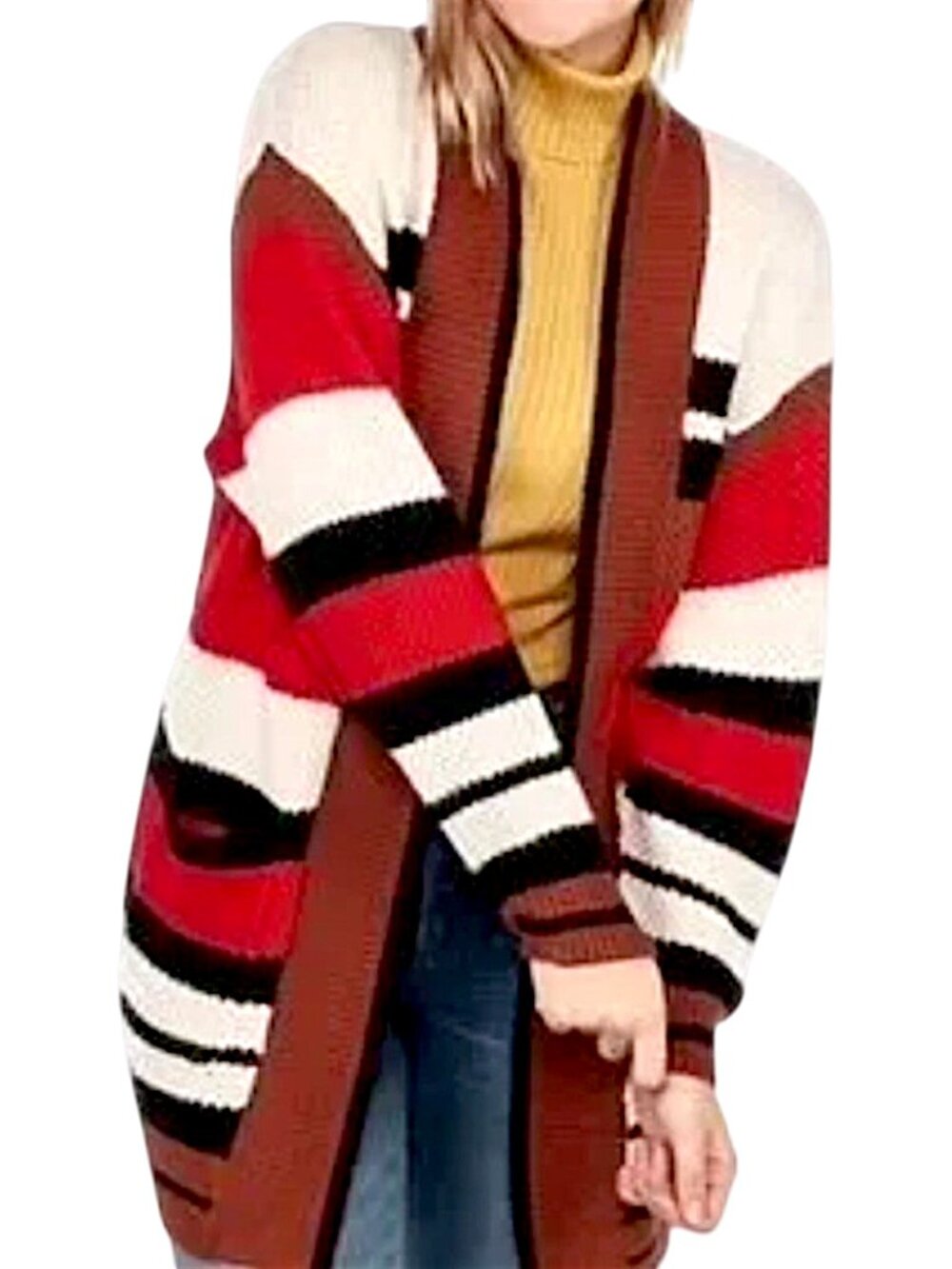 NWOT Express Oversized Striped Open Cardigan XS Cream Brown Red